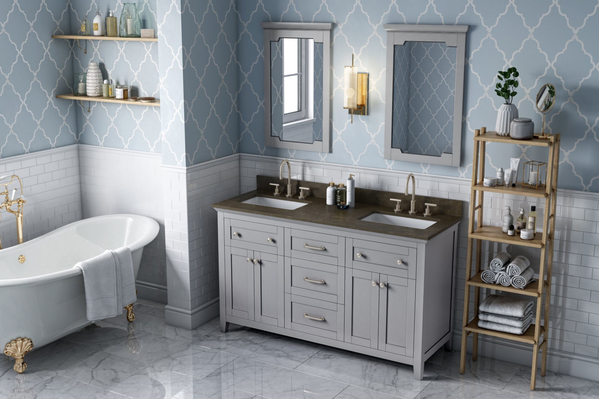 JEFFREY ALEXANDER VKITCHA60GRLSR 60" Grey Chatham Vanity, double bowl, Blue Limestone Vanity Top, two undermount rectangle bowls