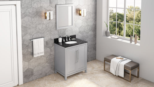 JEFFREY ALEXANDER VKITCAD30GRBQO 30" Grey Cade Vanity, Calacatta Black Quartz Vanity Top, undermount oval bowl