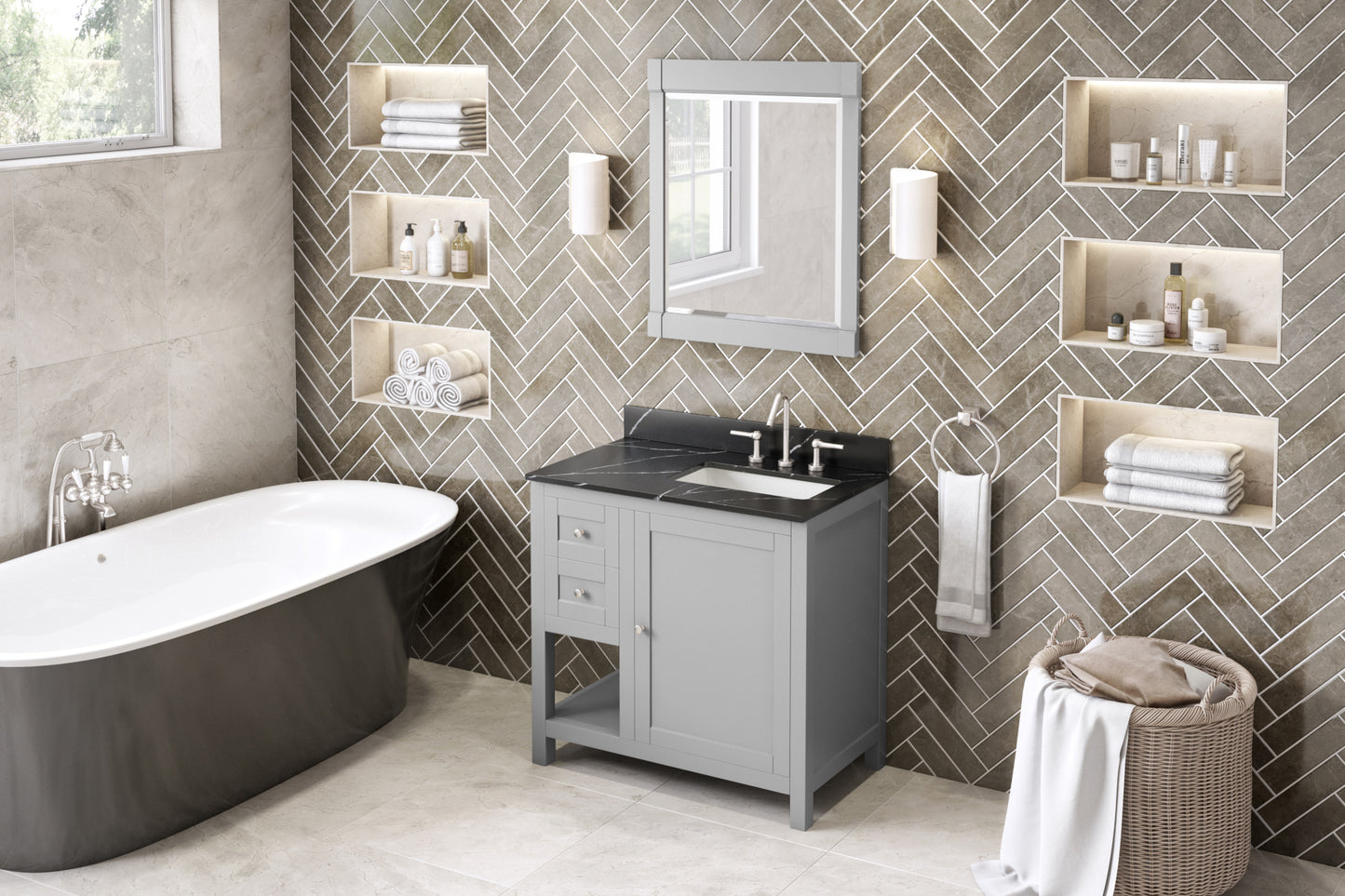 JEFFREY ALEXANDER VKITAST36GRBQR 36" Grey Astoria Vanity, right offset, Calacatta Black Quartz Vanity Top, undermount rectangle bowl