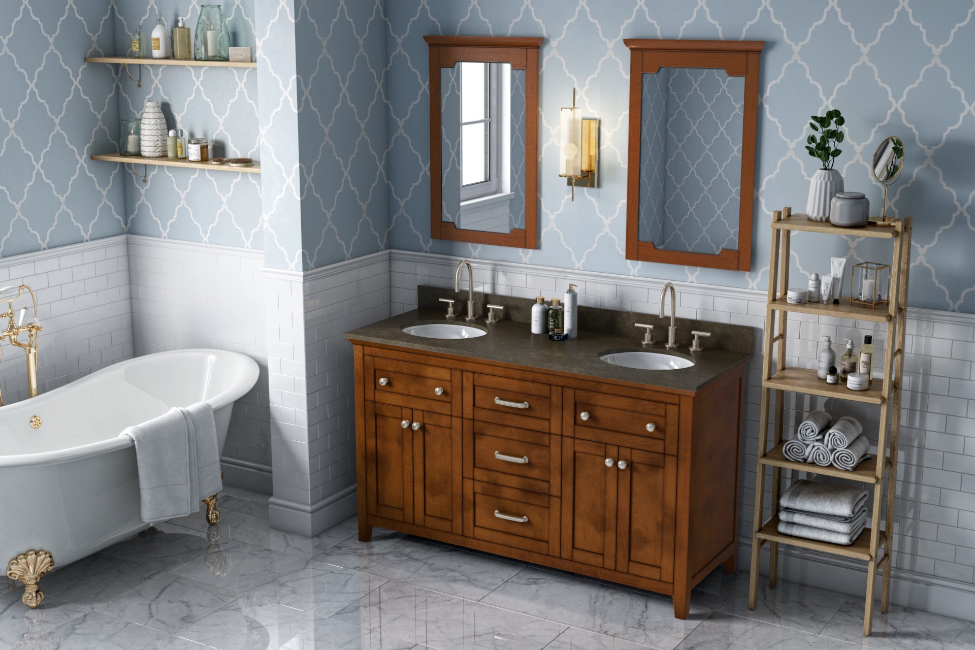 JEFFREY ALEXANDER VKITCHA60CHLSO 60" Chocolate Chatham Vanity, double bowl, Blue Limestone Vanity Top, two undermount oval bowls