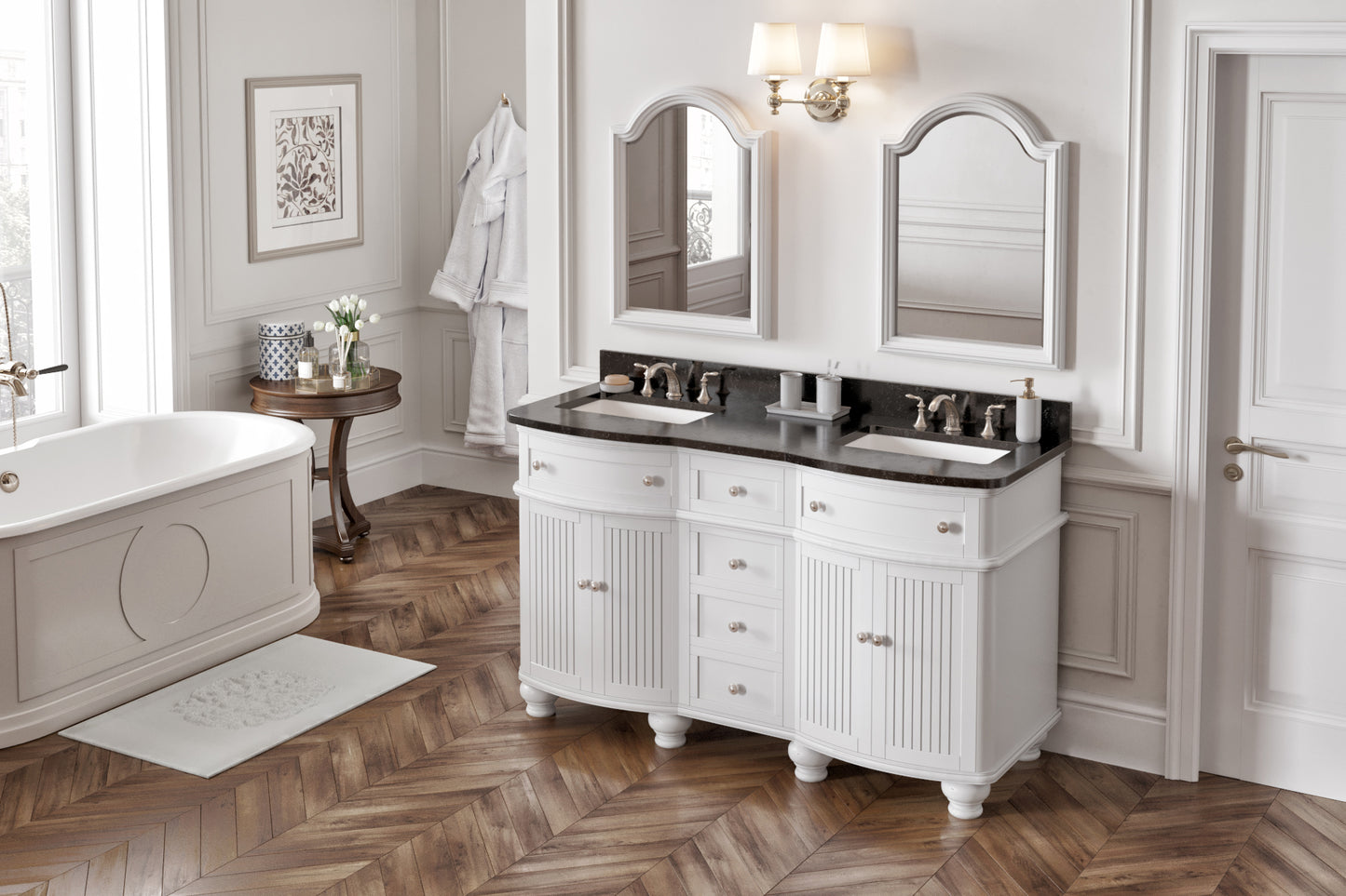 JEFFREY ALEXANDER VKITCOM60WHBGR 60" White Compton Vanity, double bowl, Compton-only Black Granite Vanity Top, two undermount rectangle bowls