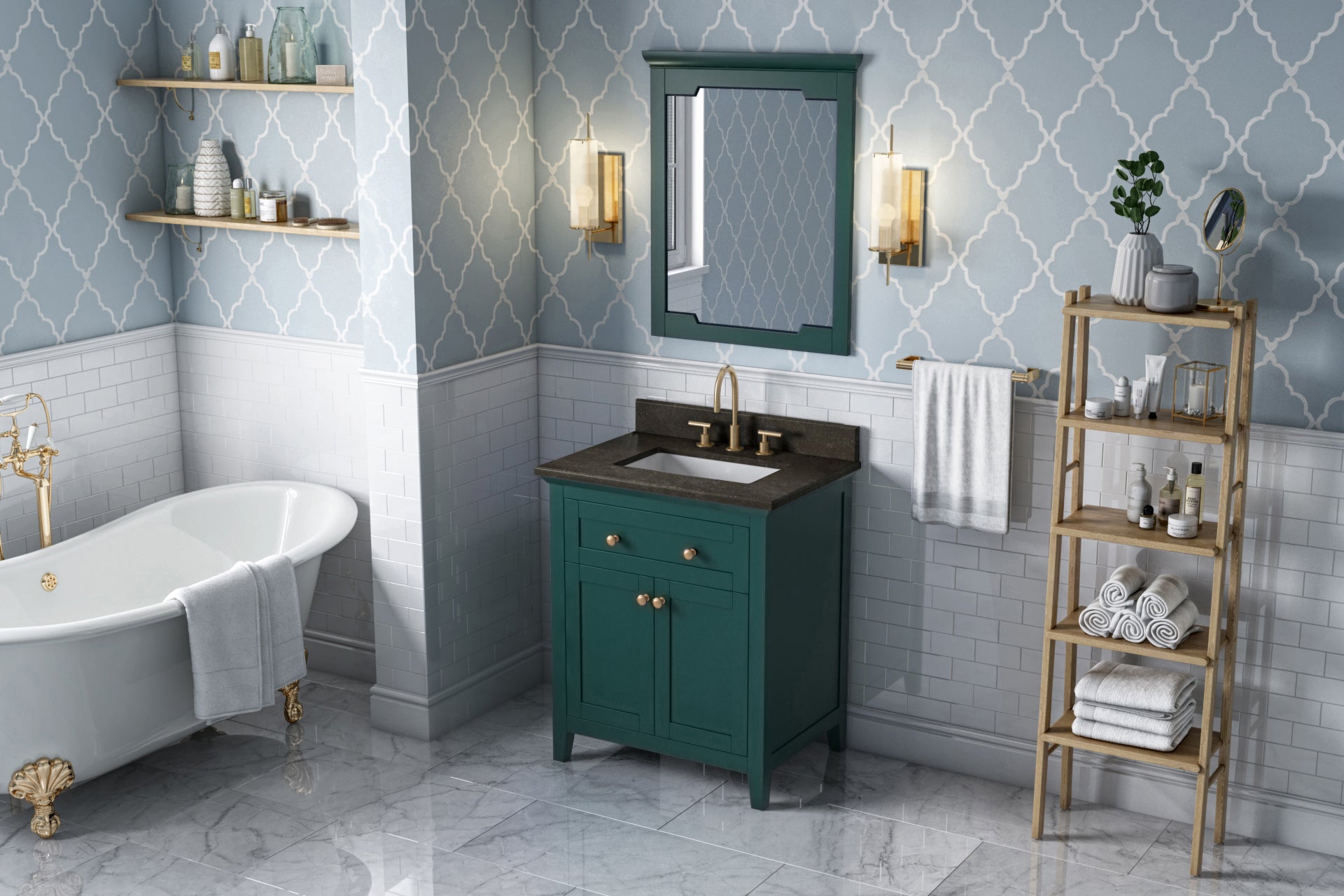 JEFFREY ALEXANDER VKITCHA30GNLSR 30" Forest Green Chatham Vanity, Blue Limestone Vanity Top, undermount rectangle bowl