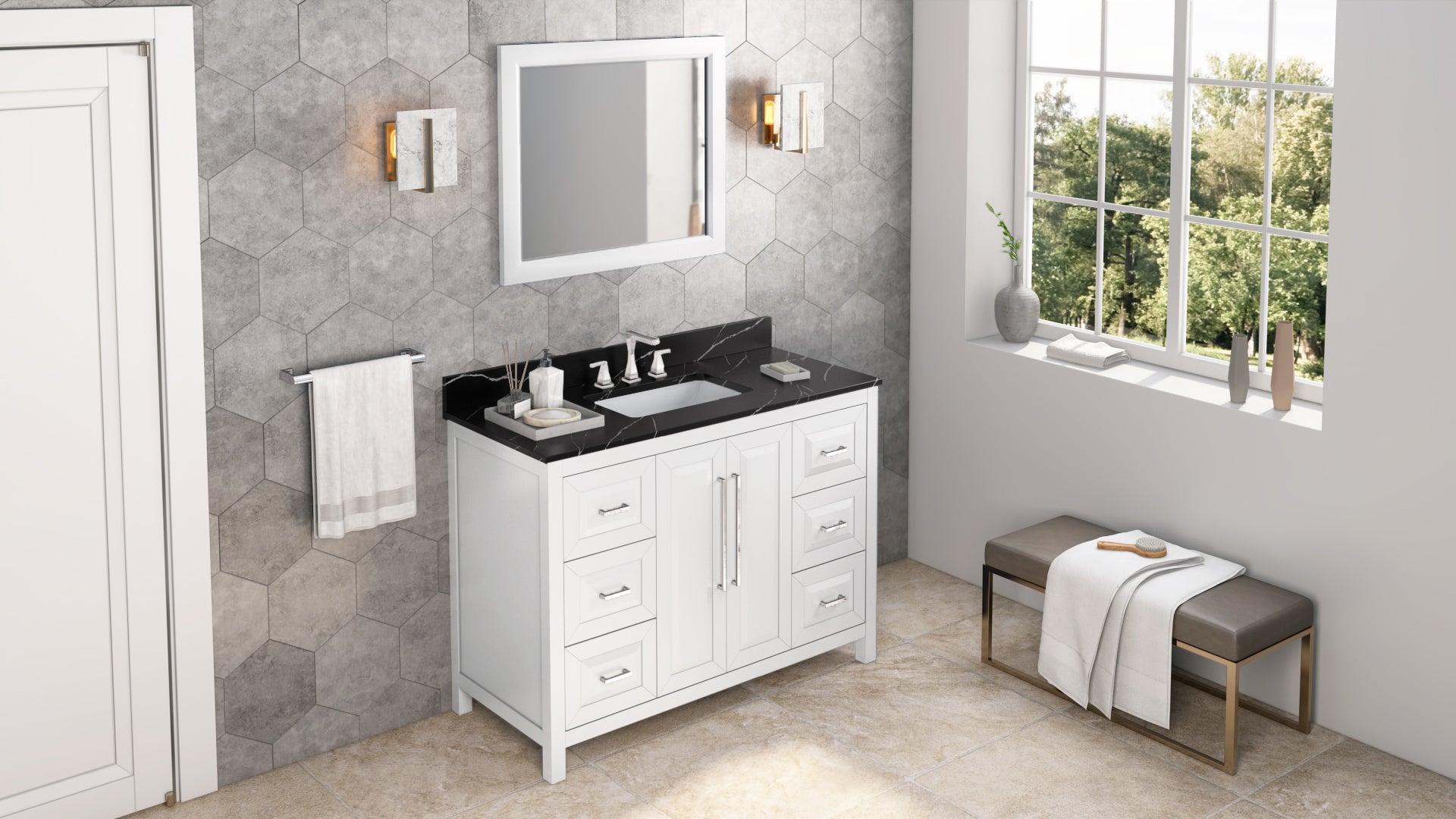 JEFFREY ALEXANDER VKITCAD48WHBQR 48" White Cade Vanity, Calacatta Black Quartz Vanity Top, undermount rectangle bowl