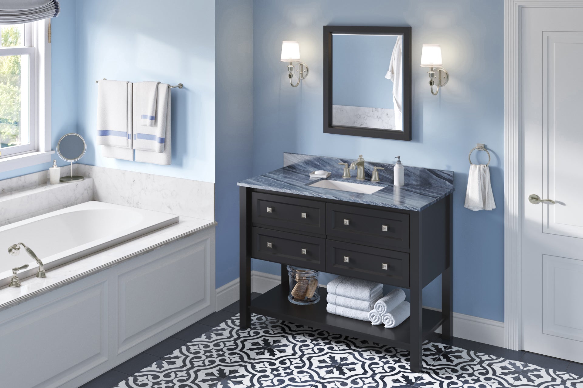 JEFFREY ALEXANDER VKITADL48BKMGR 48" Black Adler Vanity, Grey Marble Vanity Top, undermount rectangle bowl