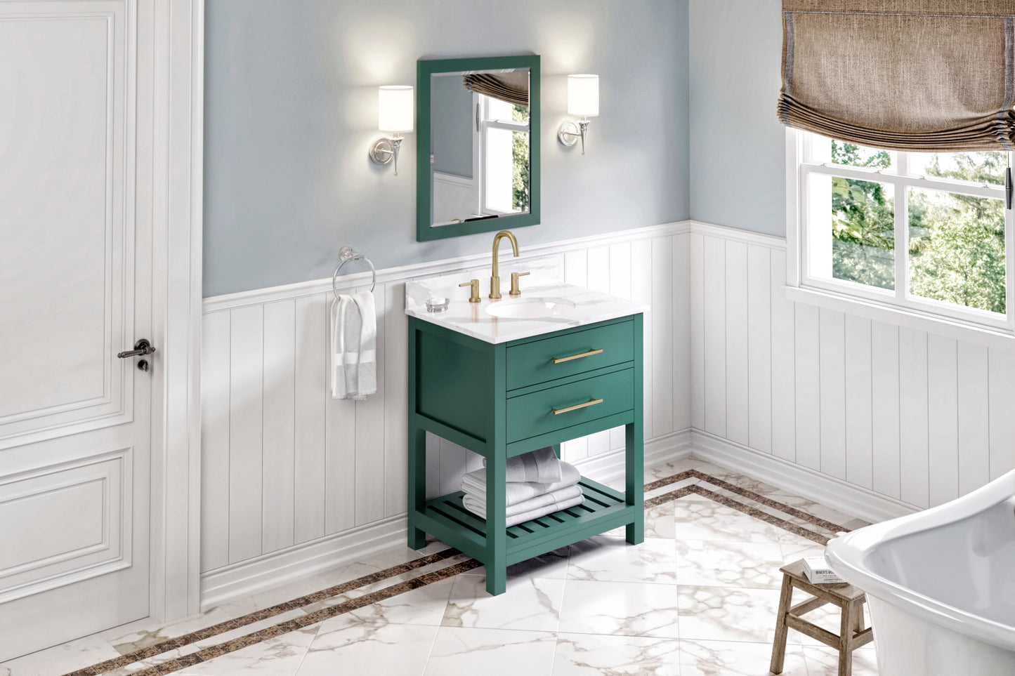 JEFFREY ALEXANDER VKITWAV30GNCQO 30" Forest Green Wavecrest Vanity, Calacatta Vienna Quartz Vanity Top, undermount oval bowl