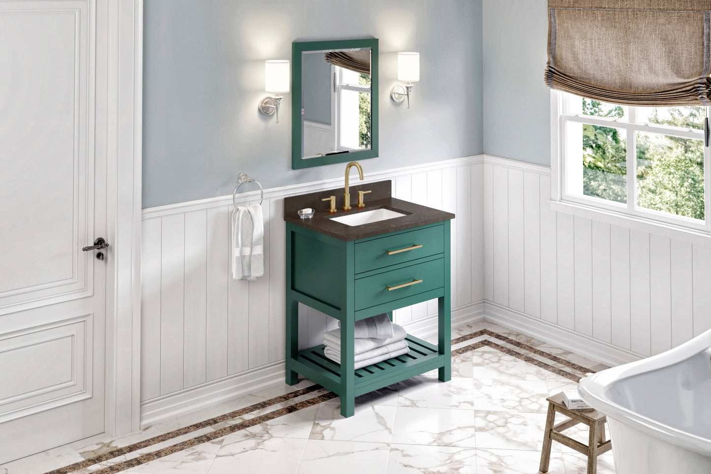 JEFFREY ALEXANDER VKITWAV30GNLSR 30" Forest Green Wavecrest Vanity, Blue Limestone Vanity Top, undermount rectangle bowl