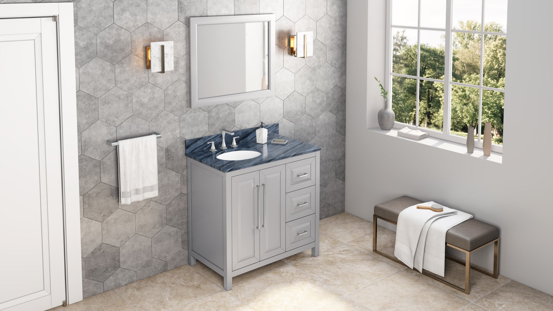 JEFFREY ALEXANDER VKITCAD36GRMGO 36" Grey Cade Vanity, left offset, Grey Marble Vanity Top, undermount oval bowl