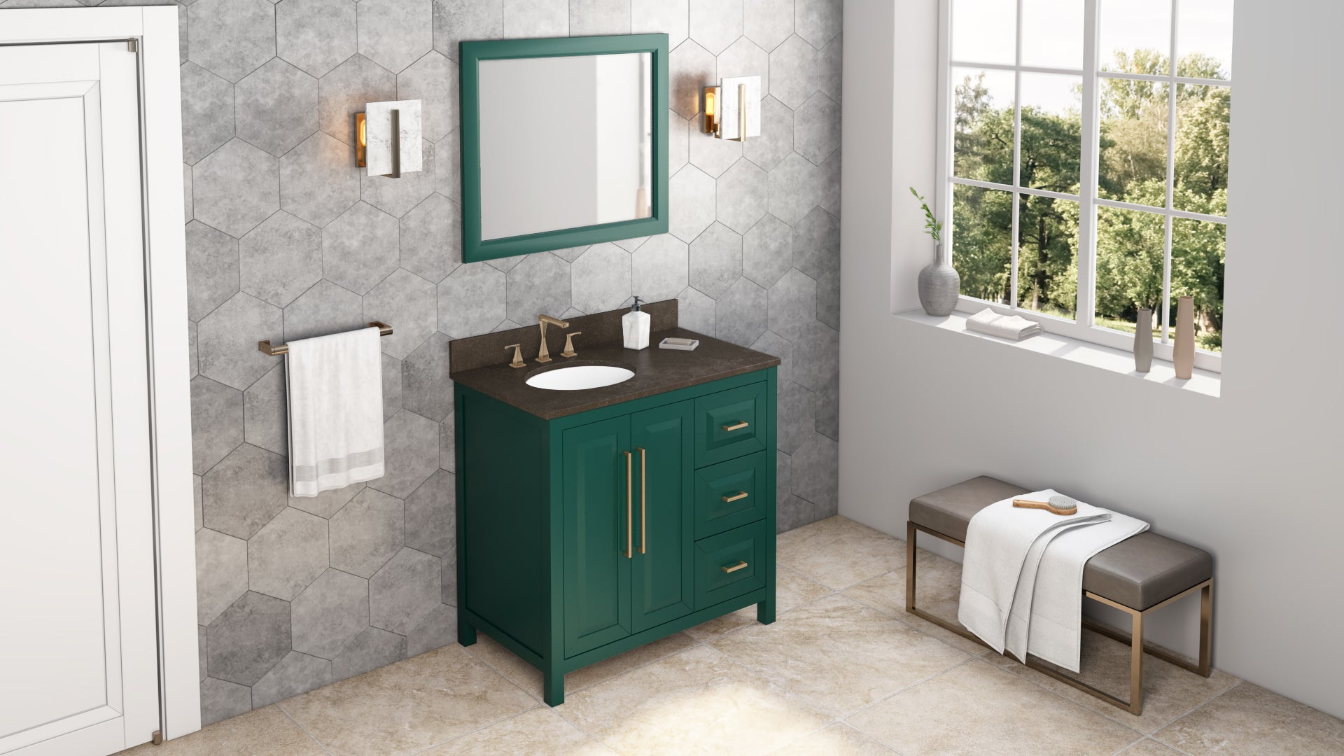 JEFFREY ALEXANDER VKITCAD36GNLSO 36" Forest Green Cade Vanity, left offset, Blue Limestone Vanity Top, undermount oval bowl