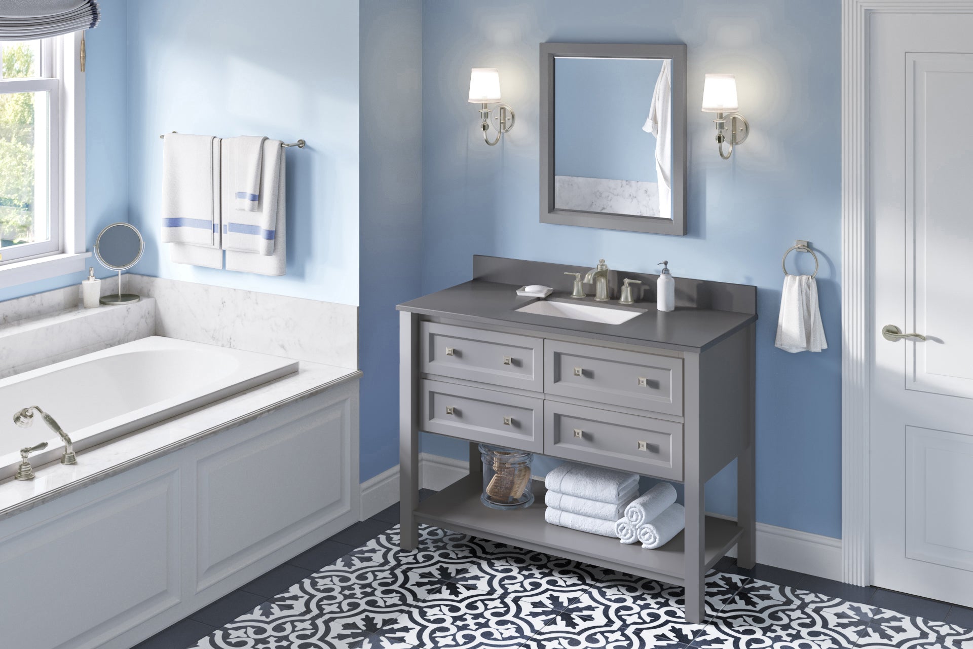 JEFFREY ALEXANDER VKITADL48GRGQR 48" Grey Adler Vanity, Grey Quartz Vanity Top, undermount rectangle bowl