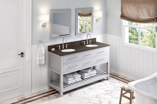 JEFFREY ALEXANDER VKITWAV60GRLSO 60" Grey Wavecrest Vanity, double bowl, Blue Limestone Vanity Top, two undermount oval bowls