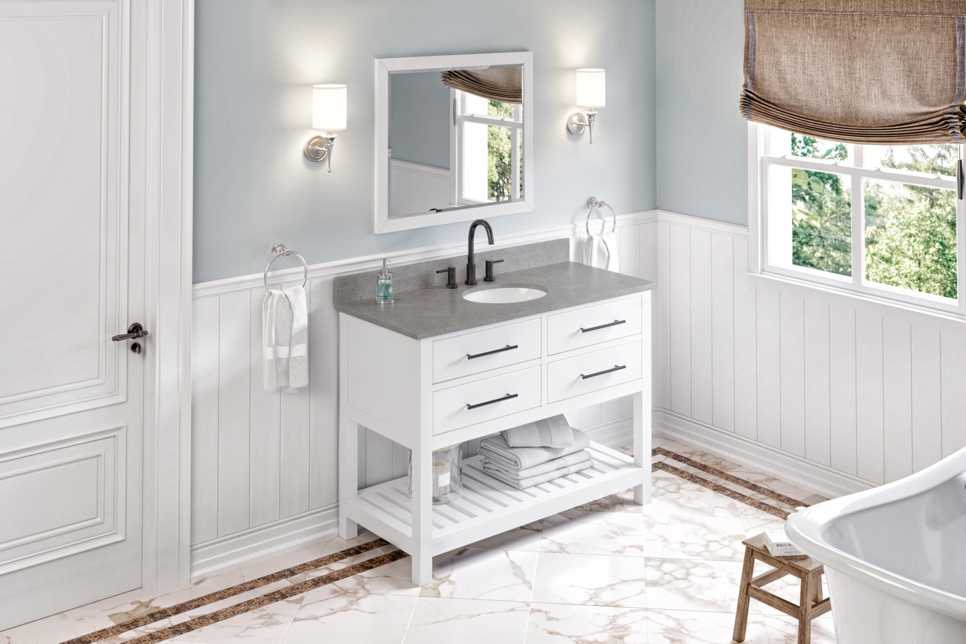 JEFFREY ALEXANDER VKITWAV48WHSGO 48" White Wavecrest Vanity, Steel Grey Cultured Marble Vanity Top, undermount oval bowl