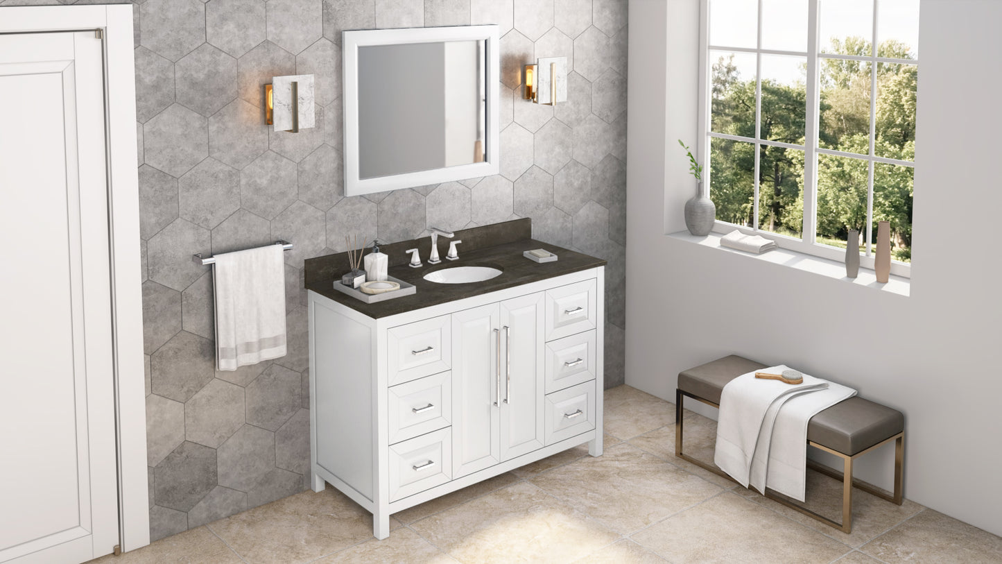 JEFFREY ALEXANDER VKITCAD48WHLSO 48" White Cade Vanity, Blue Limestone Vanity Top, undermount oval bowl