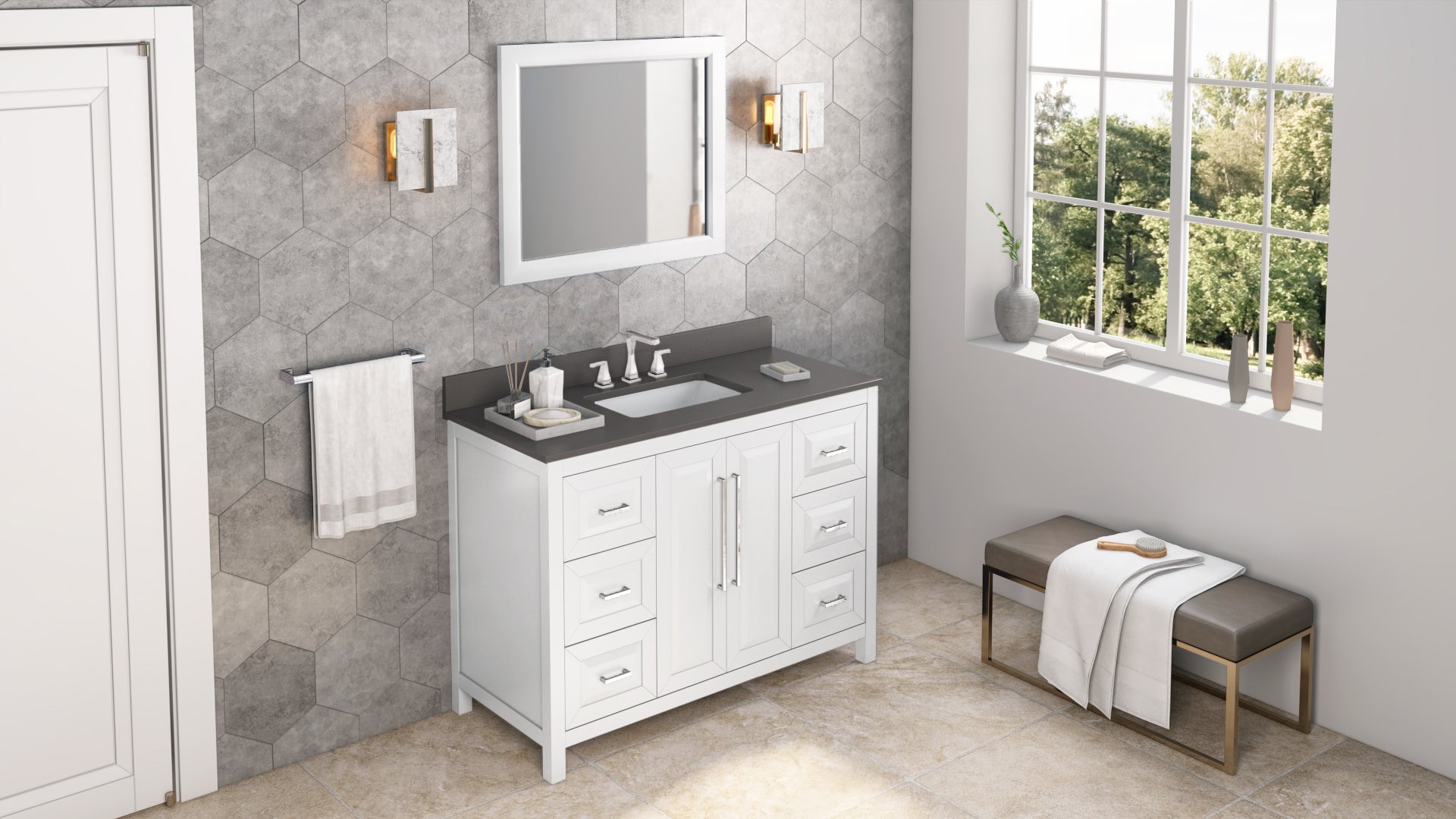 JEFFREY ALEXANDER VKITCAD48WHGQR 48" White Cade Vanity, Grey Quartz Vanity Top, undermount rectangle bowl