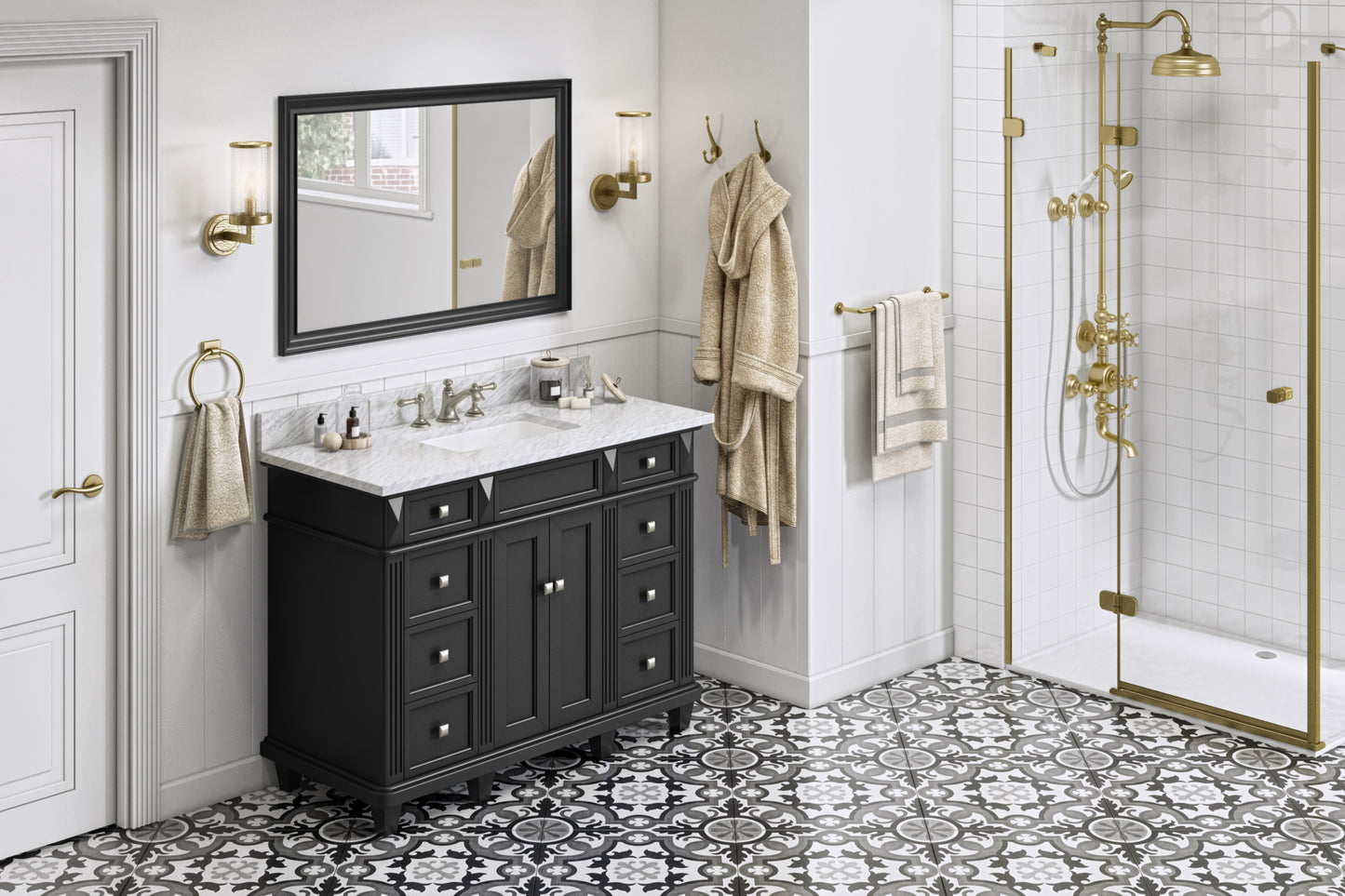 JEFFREY ALEXANDER VKITDOU48BKWCR 48" Black Douglas Vanity, White Carrara Marble Vanity Top, undermount rectangle bowl