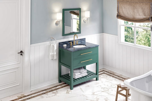 JEFFREY ALEXANDER VKITWAV36GNMGO 36" Forest Green Wavecrest Vanity, Grey Marble Vanity Top, undermount oval bowl