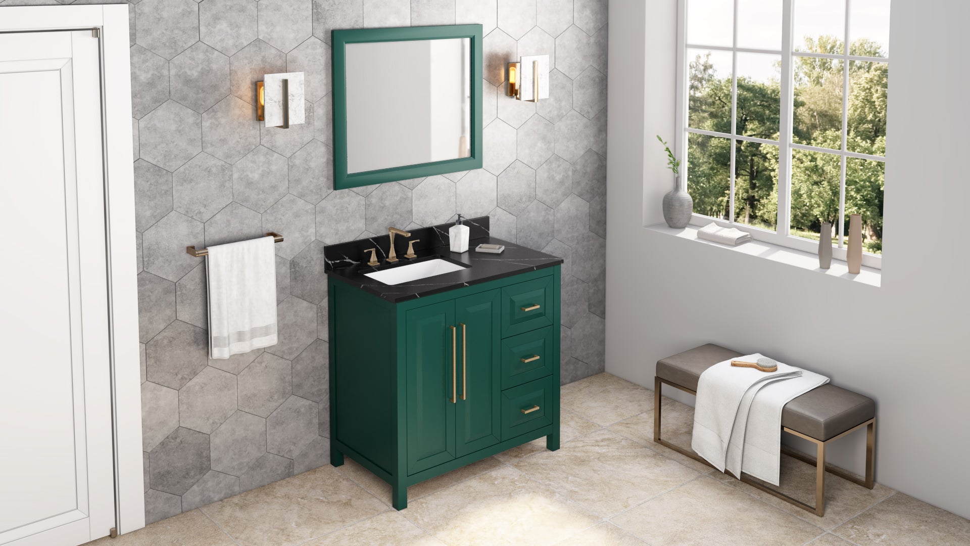 JEFFREY ALEXANDER VKITCAD36GNBQR 36" Forest Green Cade Vanity, left offset, Calacatta Black Quartz Vanity Top, undermount rectangle bowl