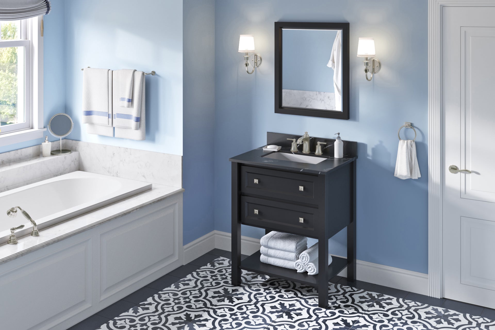 JEFFREY ALEXANDER VKITADL30BKBQR 30" Black Adler Vanity, Calacatta Black Quartz Vanity Top, undermount rectangle bowl