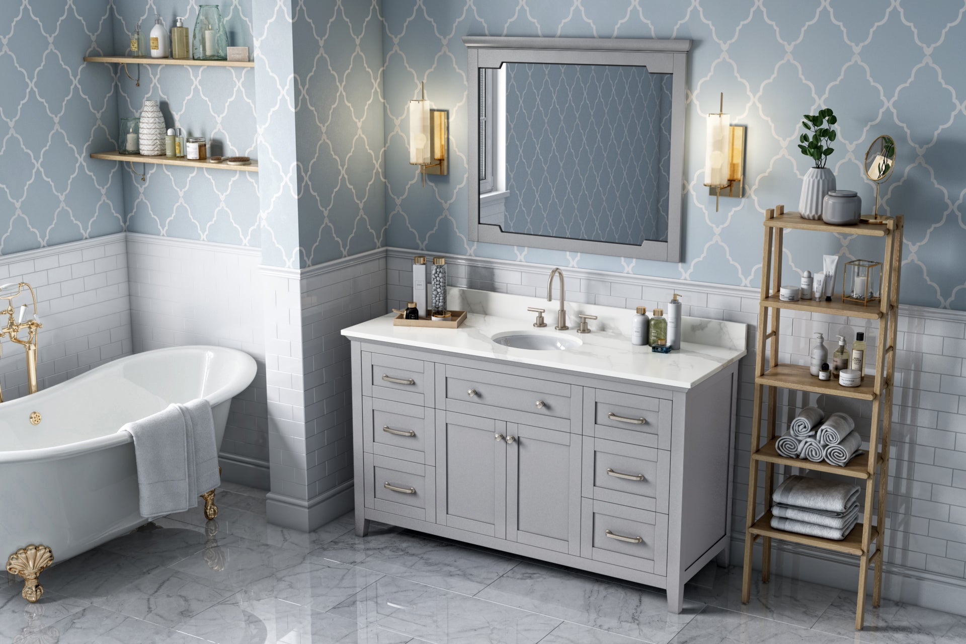 JEFFREY ALEXANDER VKITCHA60SGRCQO 60" Grey Chatham Vanity, Calacatta Vienna Quartz Vanity Top, undermount oval bowl