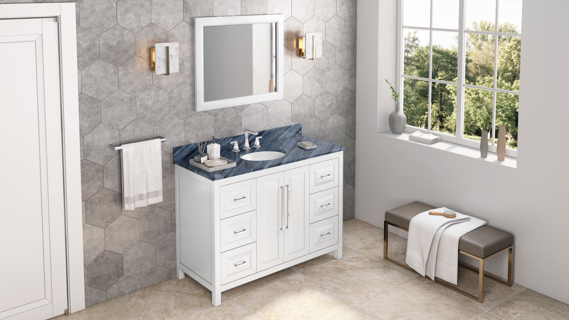 JEFFREY ALEXANDER VKITCAD48WHMGO 48" White Cade Vanity, Grey Marble Vanity Top, undermount oval bowl