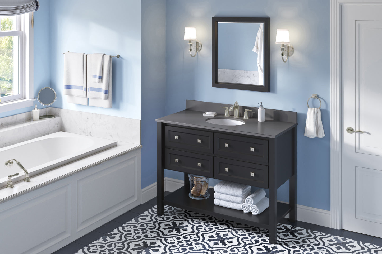 JEFFREY ALEXANDER VKITADL48BKGQO 48" Black Adler Vanity, Grey Quartz Vanity Top, undermount oval bowl