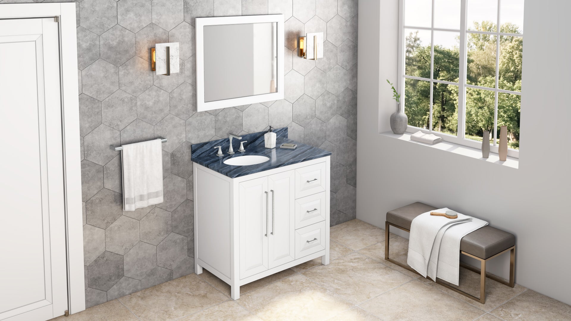 JEFFREY ALEXANDER VKITCAD36WHMGO 36" White Cade Vanity, left offset, Grey Marble Vanity Top, undermount oval bowl