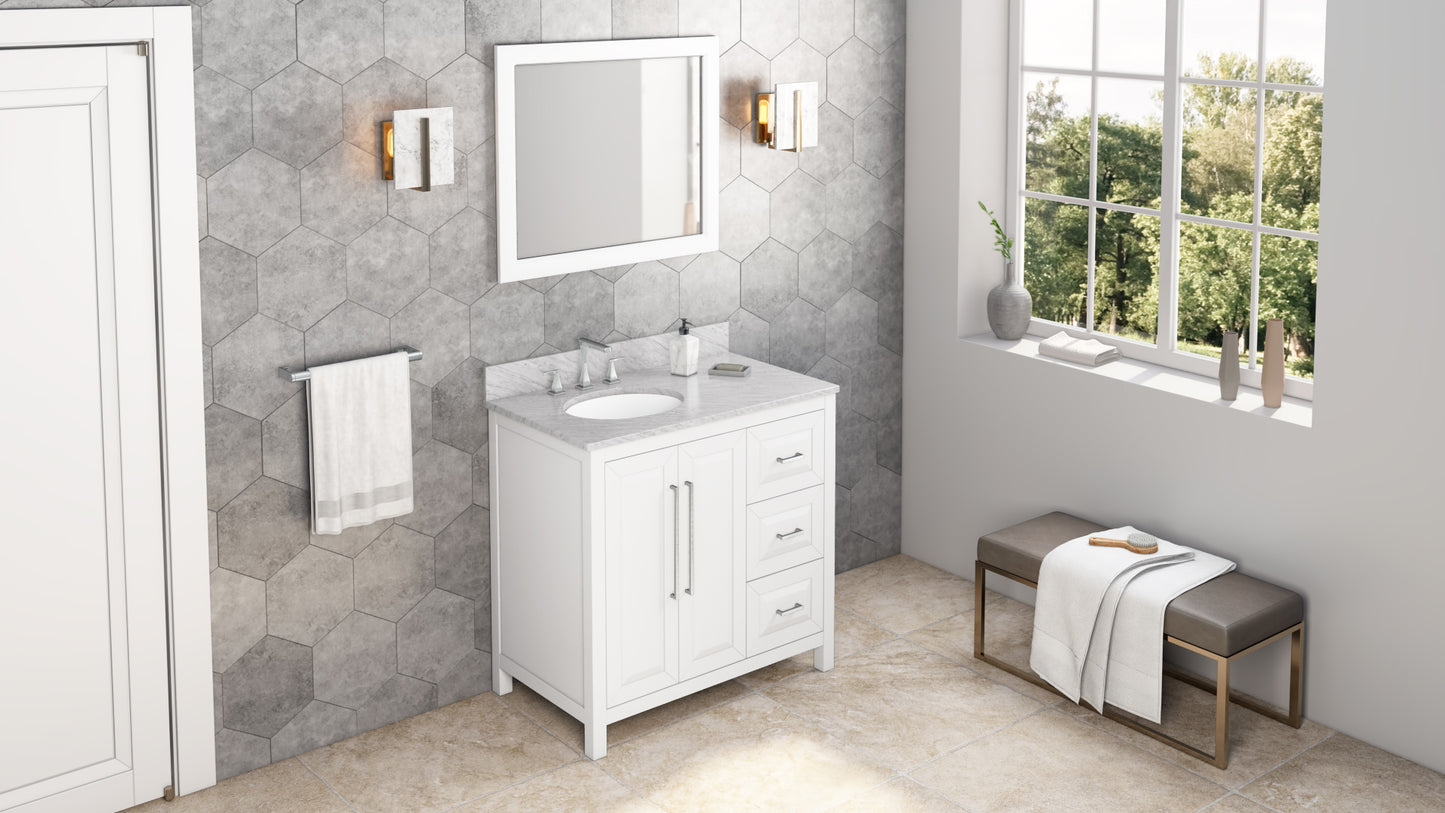 JEFFREY ALEXANDER VKITCAD36WHWCO 36" White Cade Vanity, left offset, White Carrara Marble Vanity Top, undermount oval bowl