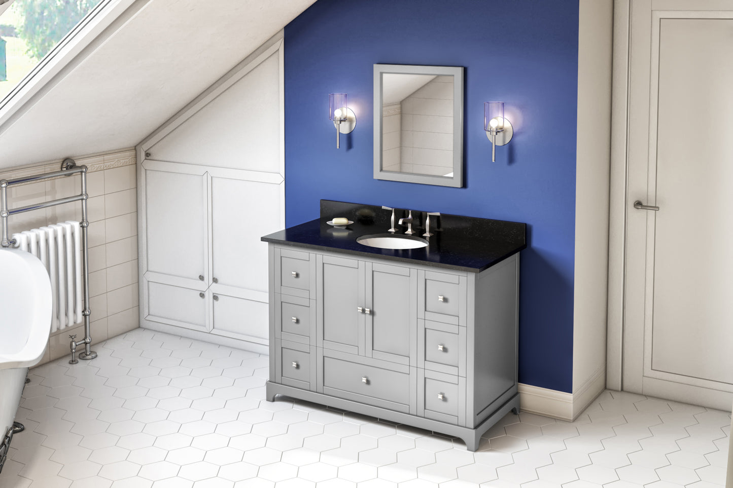 JEFFREY ALEXANDER VKITADD48GRBGO 48" Grey Addington Vanity, Black Granite Vanity Top, undermount oval bowl