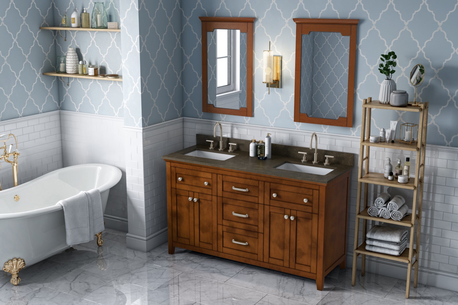 JEFFREY ALEXANDER VKITCHA60CHLSR 60" Chocolate Chatham Vanity, double bowl, Blue Limestone Vanity Top, two undermount rectangle bowls