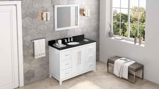 JEFFREY ALEXANDER VKITCAD48WHBGO 48" White Cade Vanity, Black Granite Vanity Top, undermount oval bowl