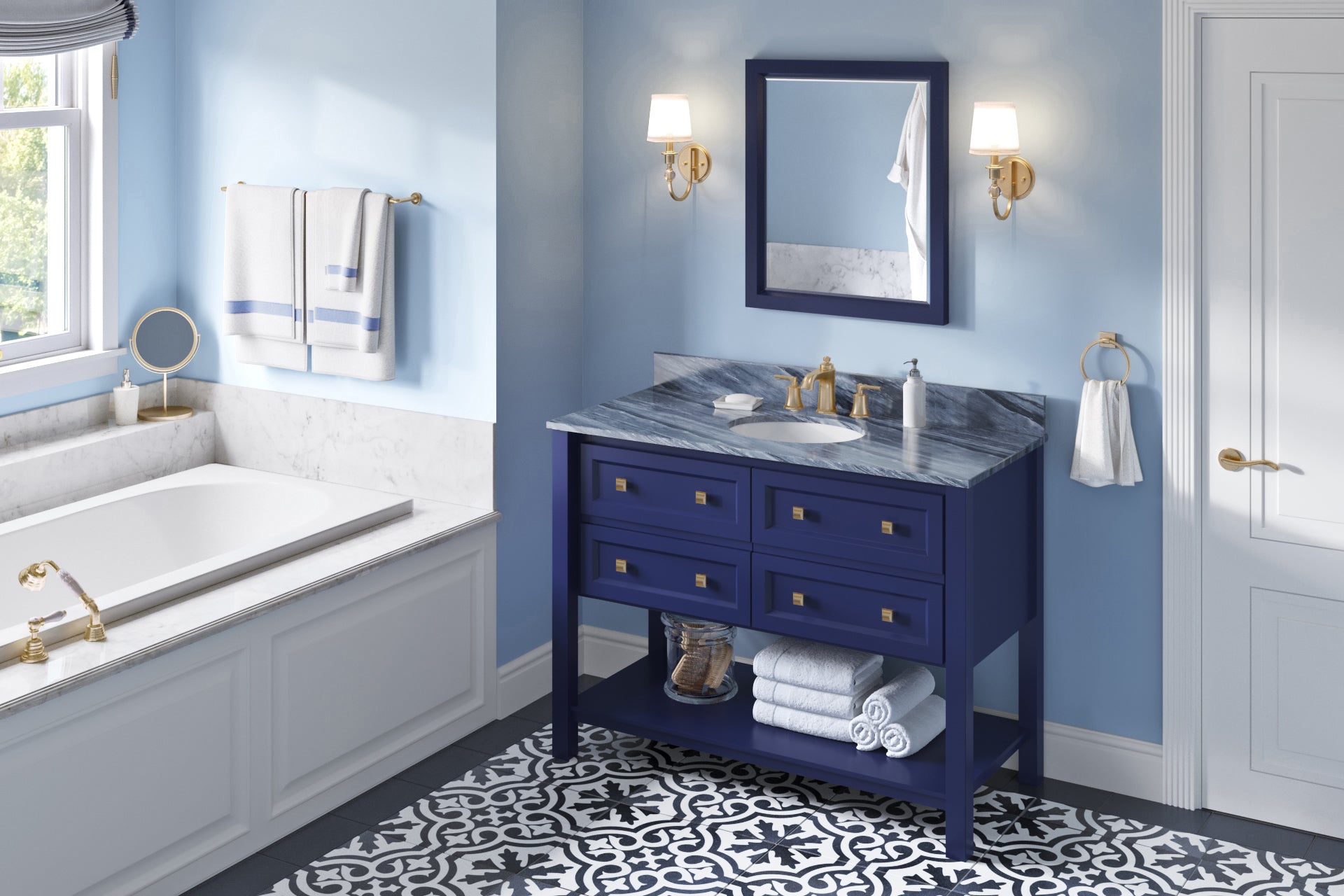 JEFFREY ALEXANDER VKITADL48BLMGO 48" Hale Blue Adler Vanity, Grey Marble Vanity Top, undermount oval bowl