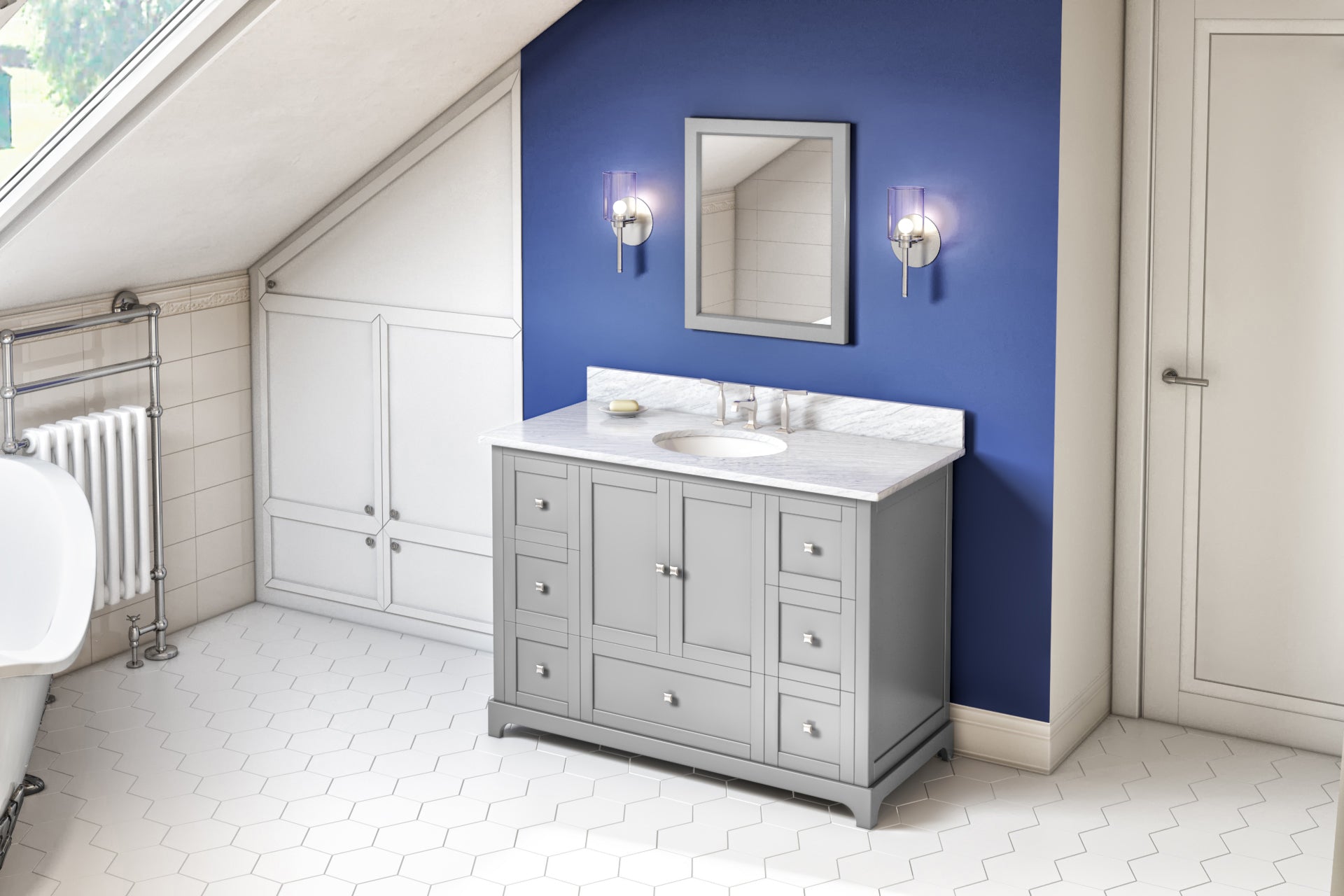 JEFFREY ALEXANDER VKITADD48GRWCO 48" Grey Addington Vanity, White Carrara Marble Vanity Top, undermount oval bowl