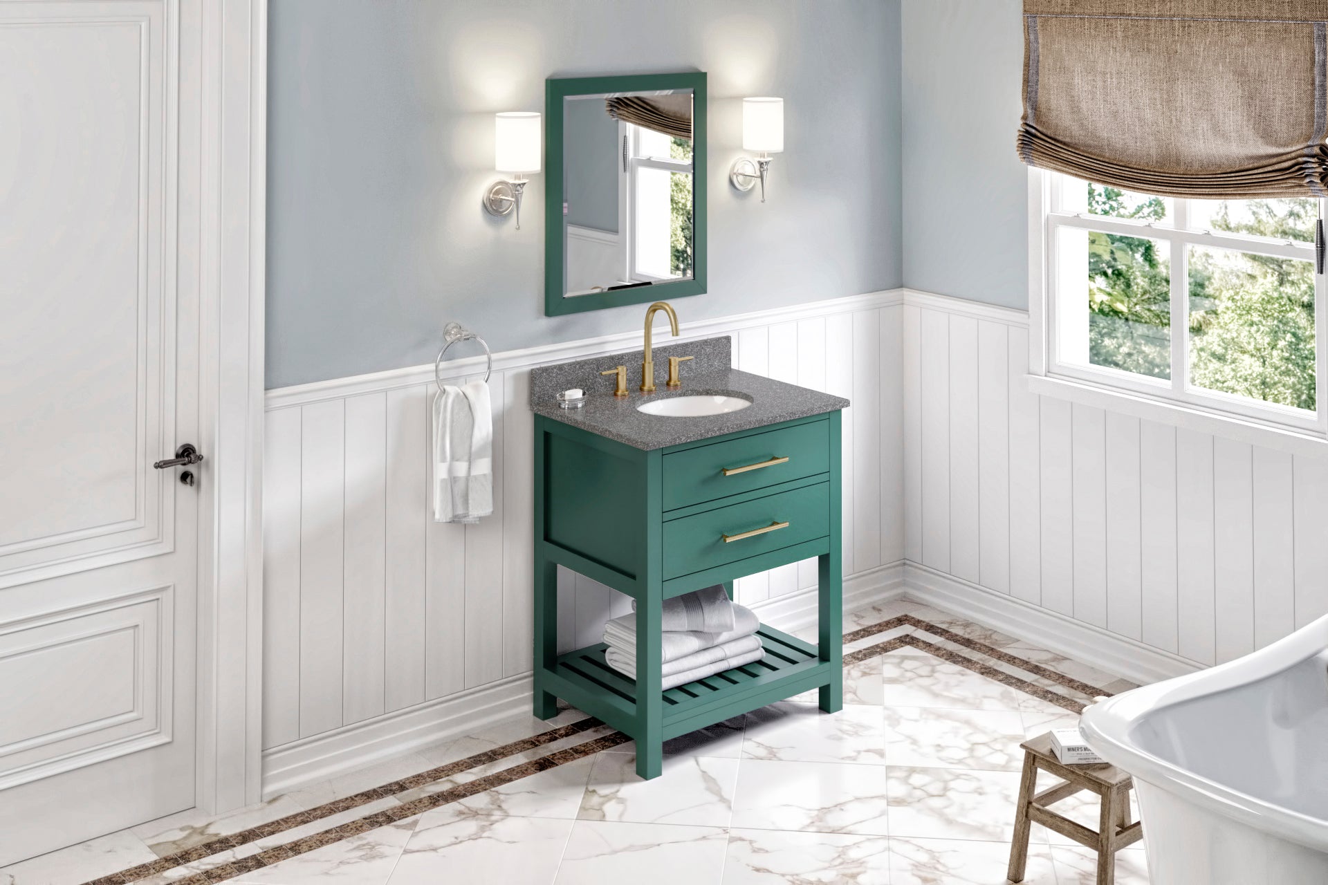 JEFFREY ALEXANDER VKITWAV30GNBOO 30" Forest Green Wavecrest Vanity, Boulder Cultured Marble Vanity Top, undermount oval bowl