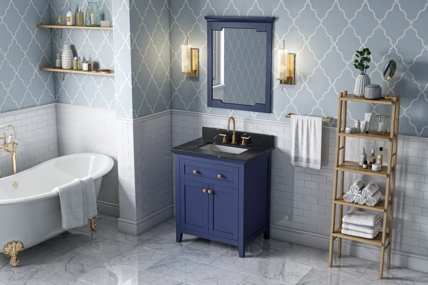 JEFFREY ALEXANDER VKITCHA30BLBQR 30" Hale Blue Chatham Vanity, Calacatta Black Quartz Vanity Top, undermount rectangle bowl