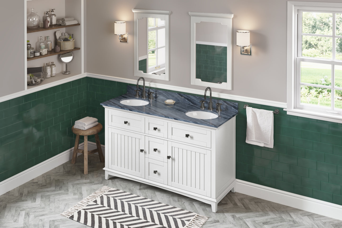 JEFFREY ALEXANDER VKITSAV60WHMGO 60" White Savino Vanity, double bowl, Grey Marble Vanity Top, two undermount oval bowls