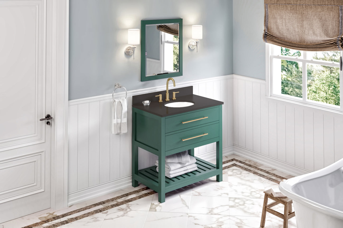 JEFFREY ALEXANDER VKITWAV36GNGQO 36" Forest Green Wavecrest Vanity, Grey Quartz Vanity Top, undermount oval bowl