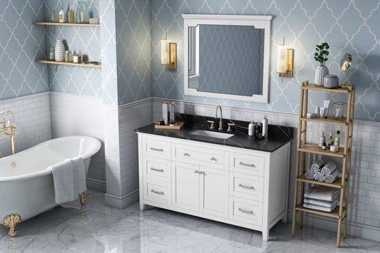 JEFFREY ALEXANDER VKITCHA60SWHBQR 60" White Chatham Vanity, Calacatta Black Quartz Vanity Top, undermount rectangle bowl