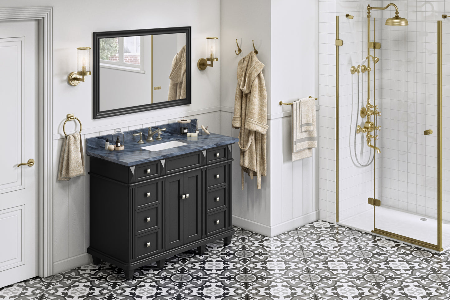 JEFFREY ALEXANDER VKITDOU48BKMGR 48" Black Douglas Vanity, Grey Marble Vanity Top, undermount rectangle bowl