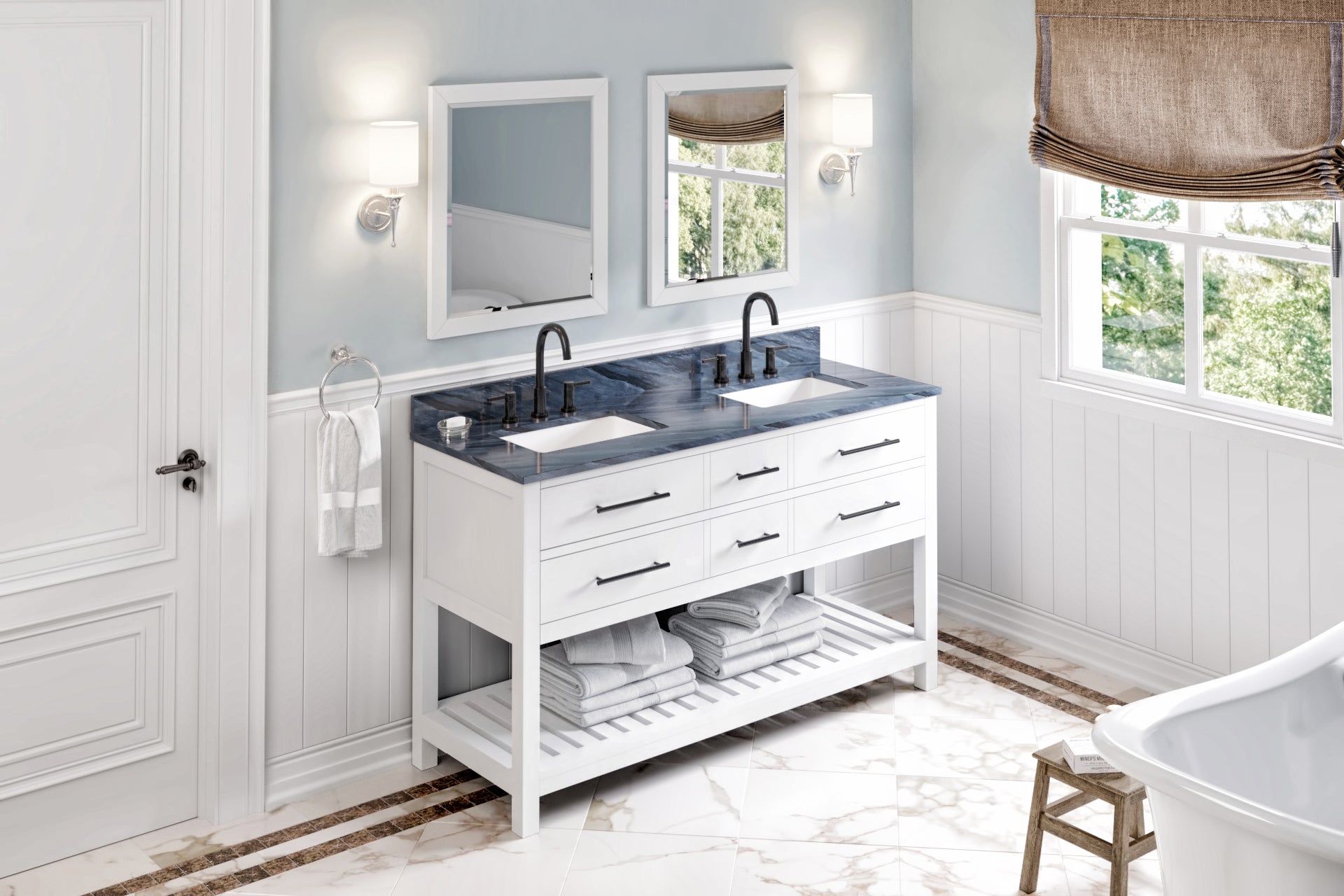 JEFFREY ALEXANDER VKITWAV60WHMGR 60" White Wavecrest Vanity, double bowl, Grey Marble Vanity Top, two undermount rectangle bowls