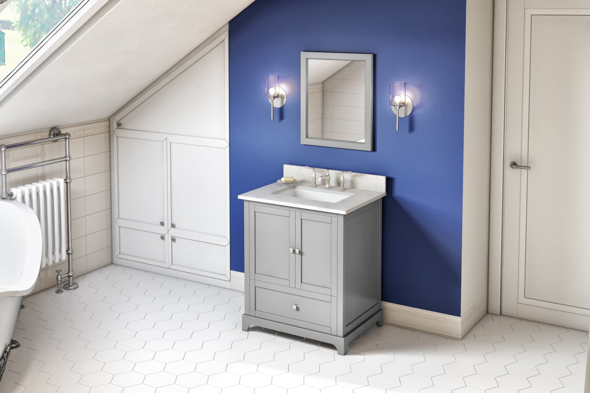 JEFFREY ALEXANDER VKITADD30GRASR 30" Grey Addington Vanity, Arctic Stone Cultured Marble Vanity Top, undermount rectangle bowl