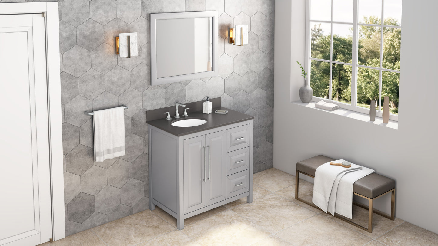 JEFFREY ALEXANDER VKITCAD36GRGQO 36" Grey Cade Vanity, left offset, Grey Quartz Vanity Top, undermount oval bowl