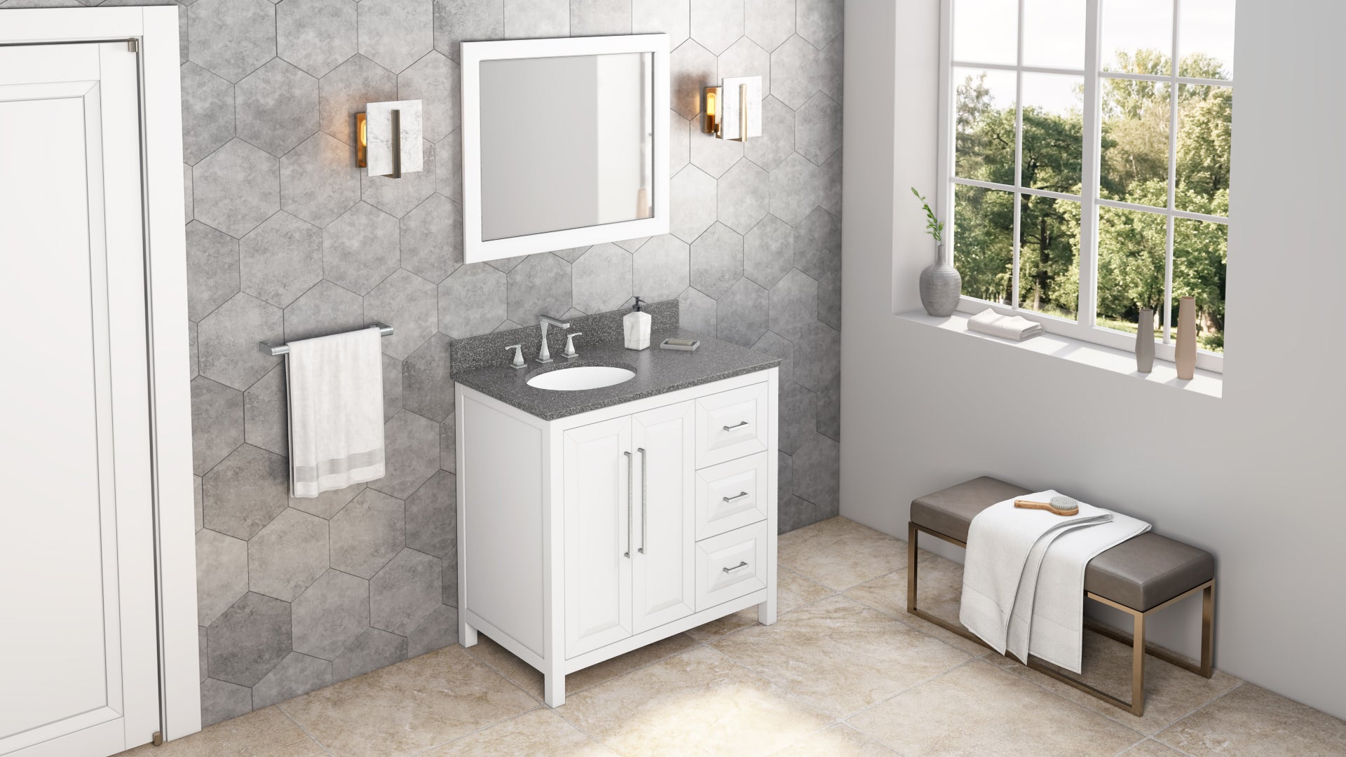 JEFFREY ALEXANDER VKITCAD36WHBOO 36" White Cade Vanity, left offset, Boulder Cultured Marble Vanity Top, undermount oval bowl