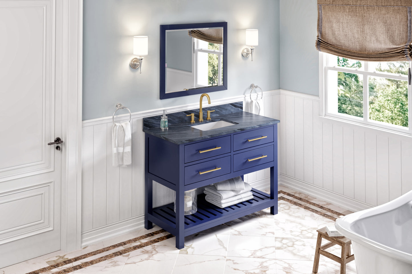 JEFFREY ALEXANDER VKITWAV48BLMGR 48" Hale Blue Wavecrest Vanity, Grey Marble Vanity Top, undermount rectangle bowl