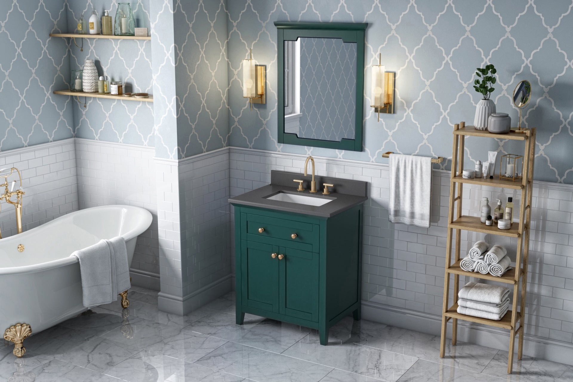 JEFFREY ALEXANDER VKITCHA30GNGQR 30" Forest Green Chatham Vanity, Grey Quartz Vanity Top, undermount rectangle bowl