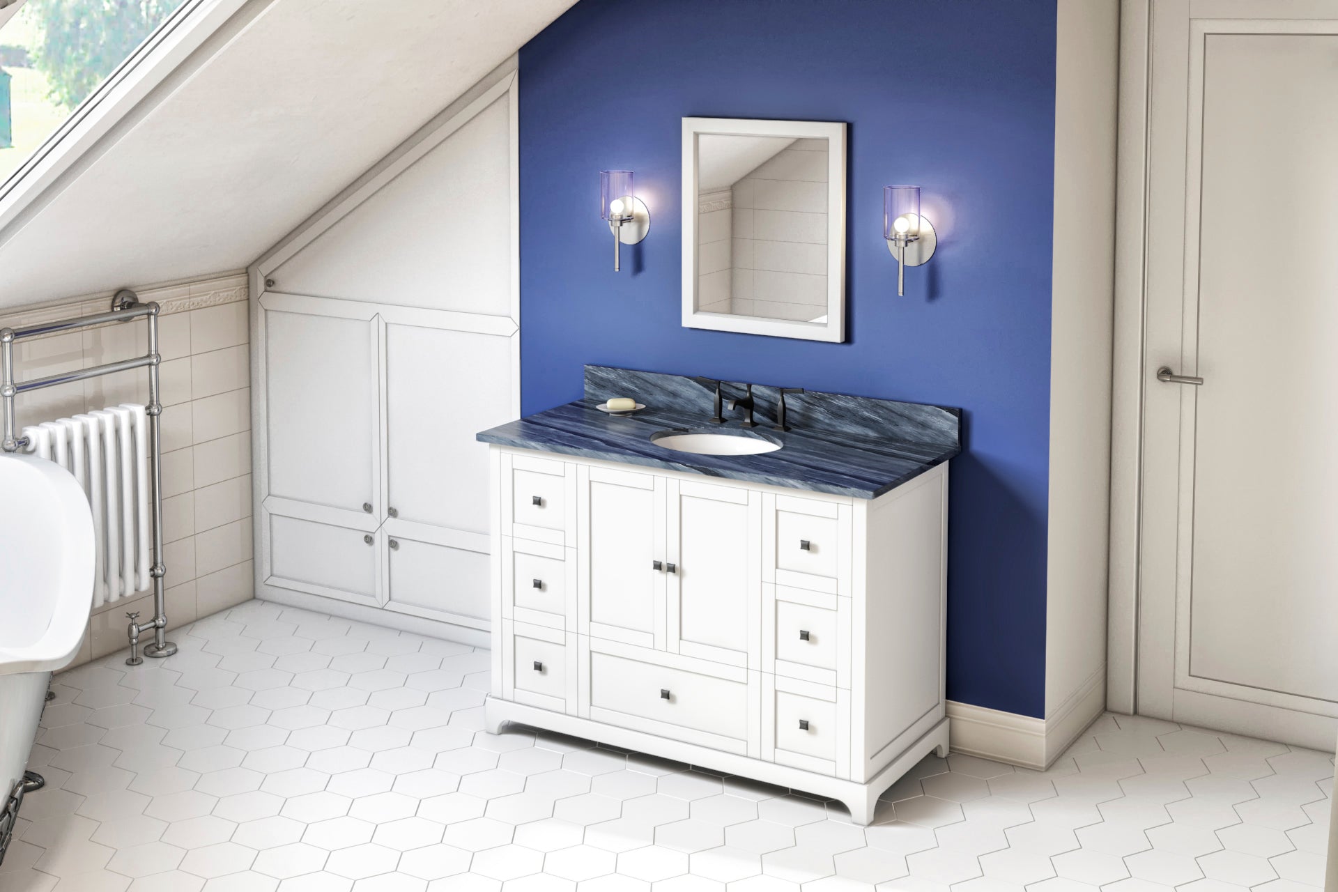 JEFFREY ALEXANDER VKITADD48WHMGO 48" White Addington Vanity, Grey Marble Vanity Top, undermount oval bowl