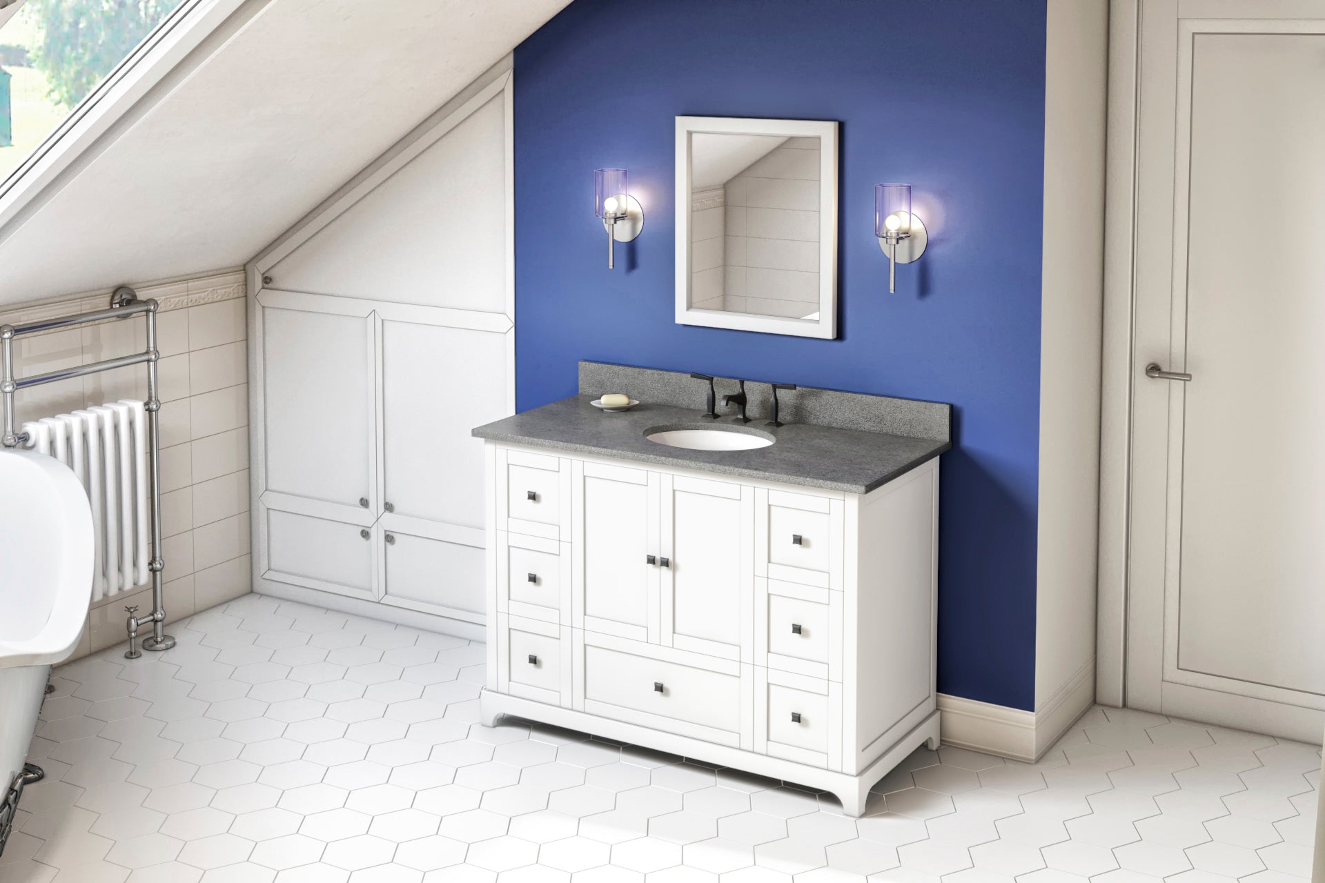 JEFFREY ALEXANDER VKITADD48WHSGO 48" White Addington Vanity, Steel Grey Cultured Marble Vanity Top, undermount oval bowl