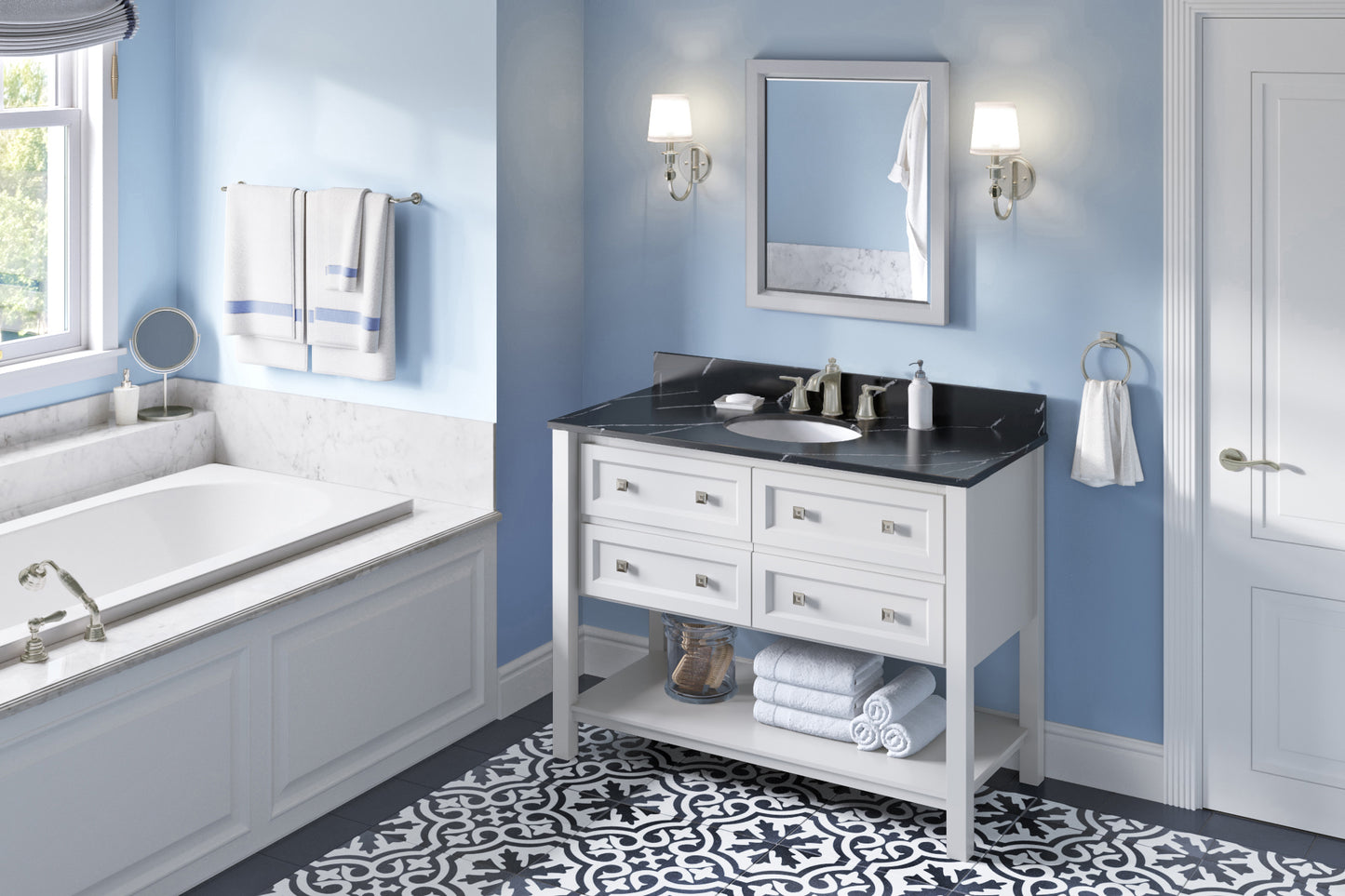 JEFFREY ALEXANDER VKITADL48WHBQO 48" White Adler Vanity, Calacatta Black Quartz Vanity Top, undermount oval bowl