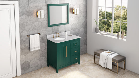 JEFFREY ALEXANDER VKITCAD36GNWCO 36" Forest Green Cade Vanity, left offset, White Carrara Marble Vanity Top, undermount oval bowl