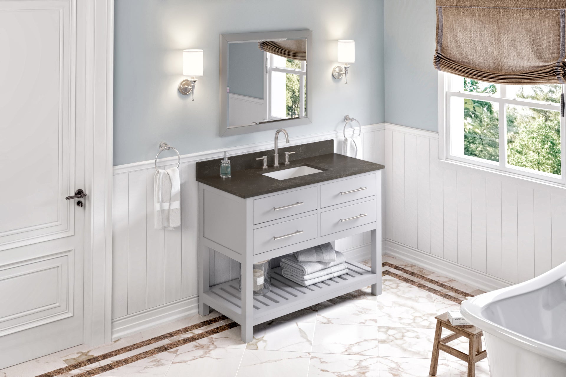 JEFFREY ALEXANDER VKITWAV48GRLSR 48" Grey Wavecrest Vanity, Blue Limestone Vanity Top, undermount rectangle bowl