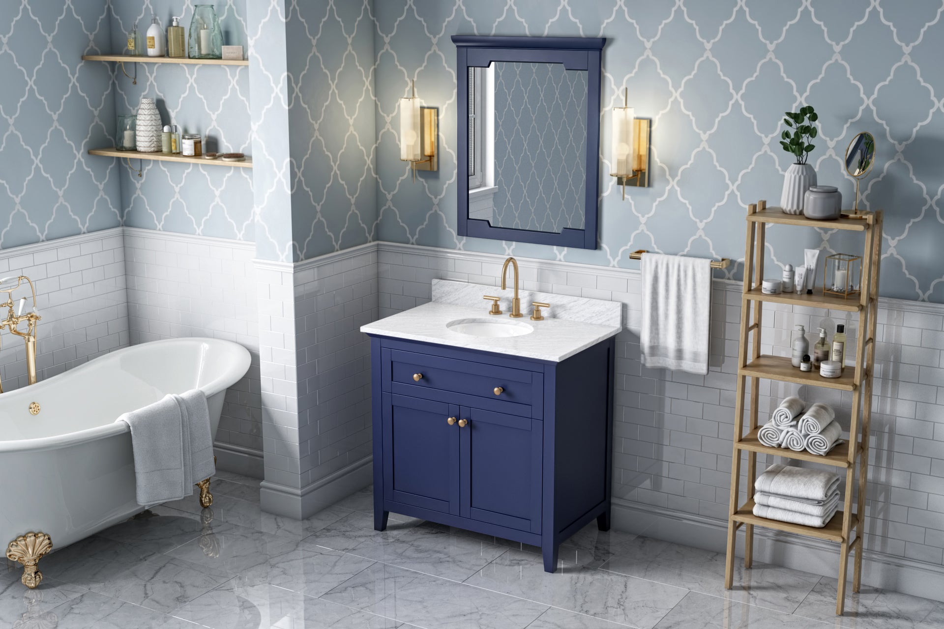 JEFFREY ALEXANDER VKITCHA36BLWCO 36" Hale Blue Chatham Vanity, White Carrara Marble Vanity Top, undermount oval bowl