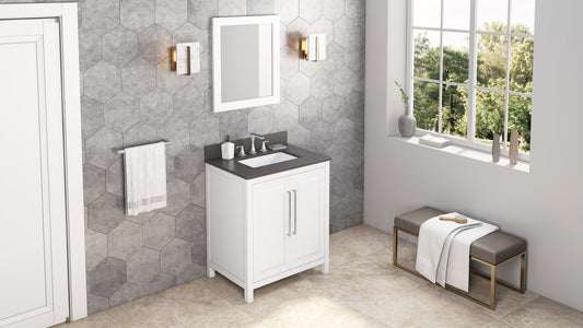 JEFFREY ALEXANDER VKITCAD30WHGQR 30" White Cade Vanity, Grey Quartz Vanity Top, undermount rectangle bowl